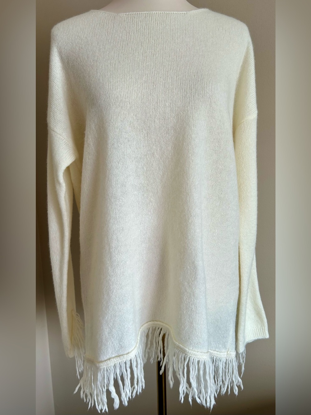 Bruno Manetti Italy Virgin Wool Tunic Sweater w. Fringe in Cream